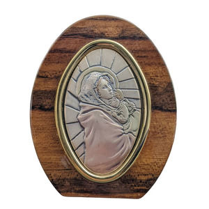 Argenti Italy sterling Silver Madonna Child Jesus Icon on oval Wood table top